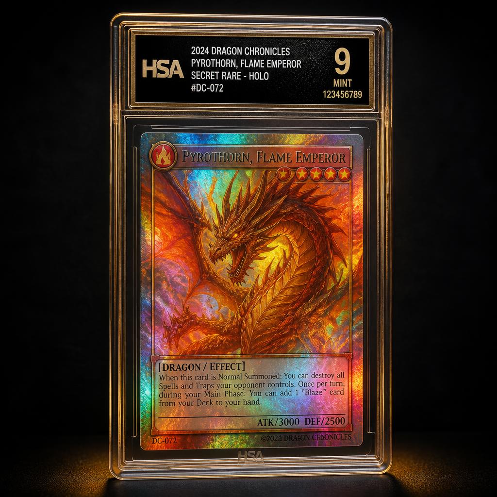 2024 Dragon Chronicles Pyrothorn, Flame Emperor Secret Rare Holo #DC-072 in an HSA 9 HSA slab